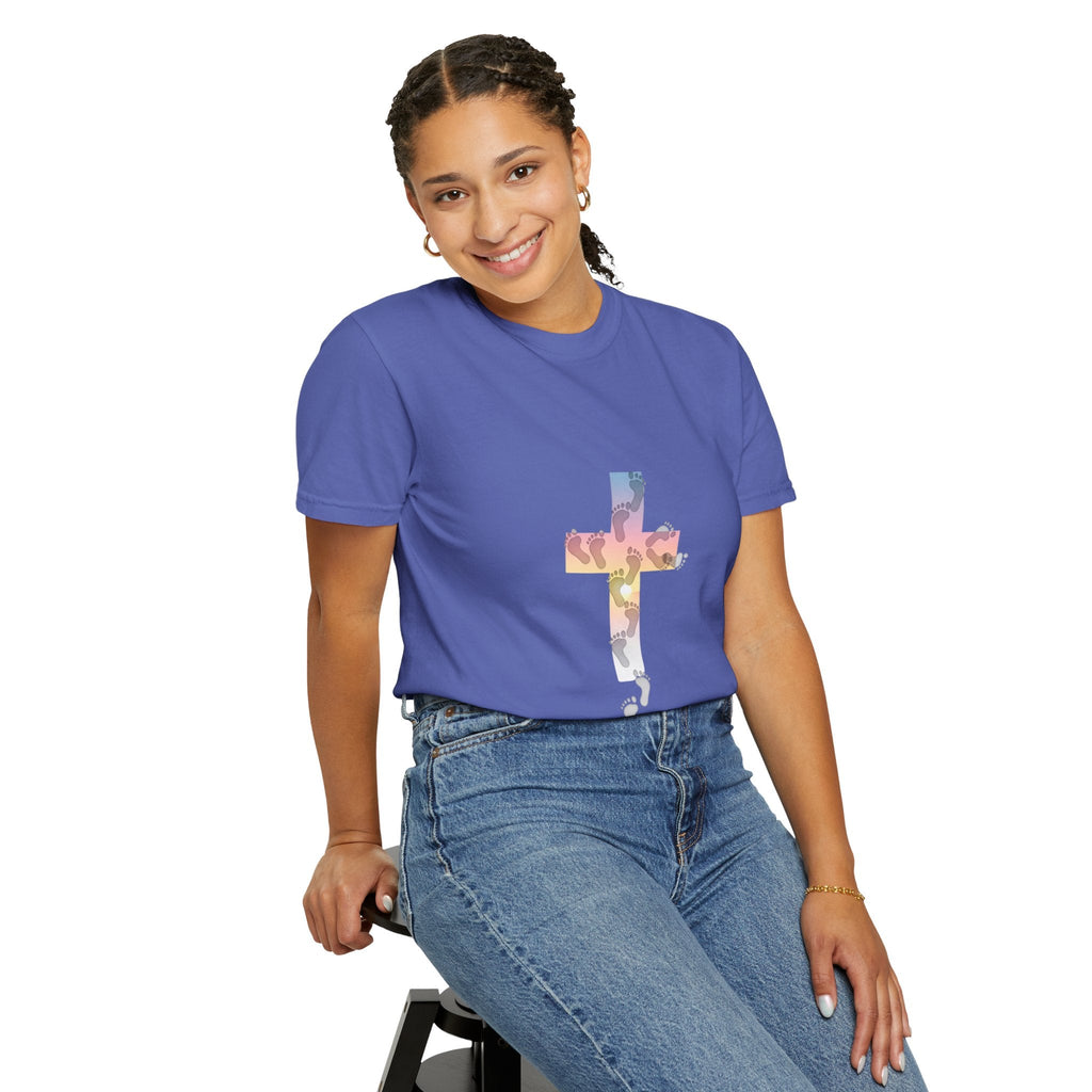Walk by Faith T-Shirt – Cross & Footprints Christian Tee for Bold Believers Printify
