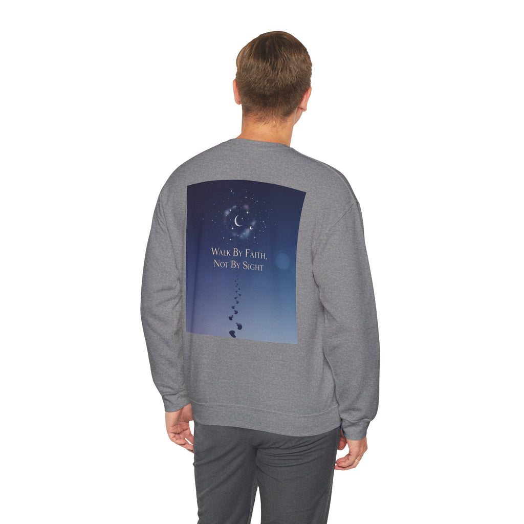 Walk by Faith, Not by Sight Sweatshirt – Moonlit Footprints Christian Sweatshirt for Cozy Nights Printify