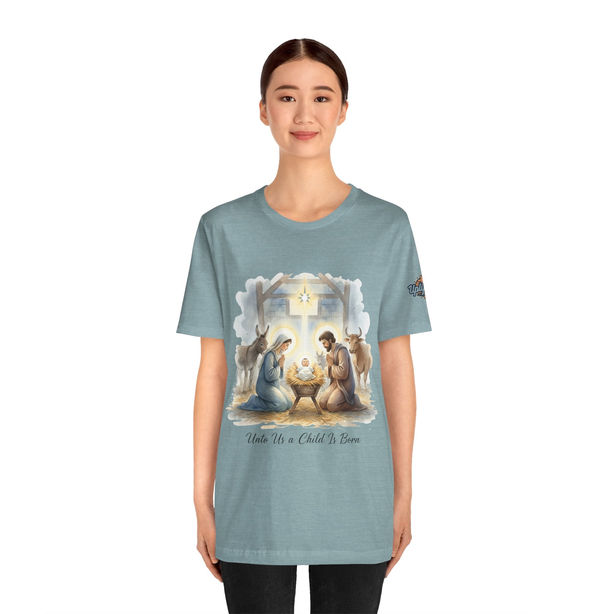 Unto Us a Child is Born T-shirt – Isaiah 9:6 Nativity Manger Scene Christian Christmas T-shirt for Holy Night Faith Printify