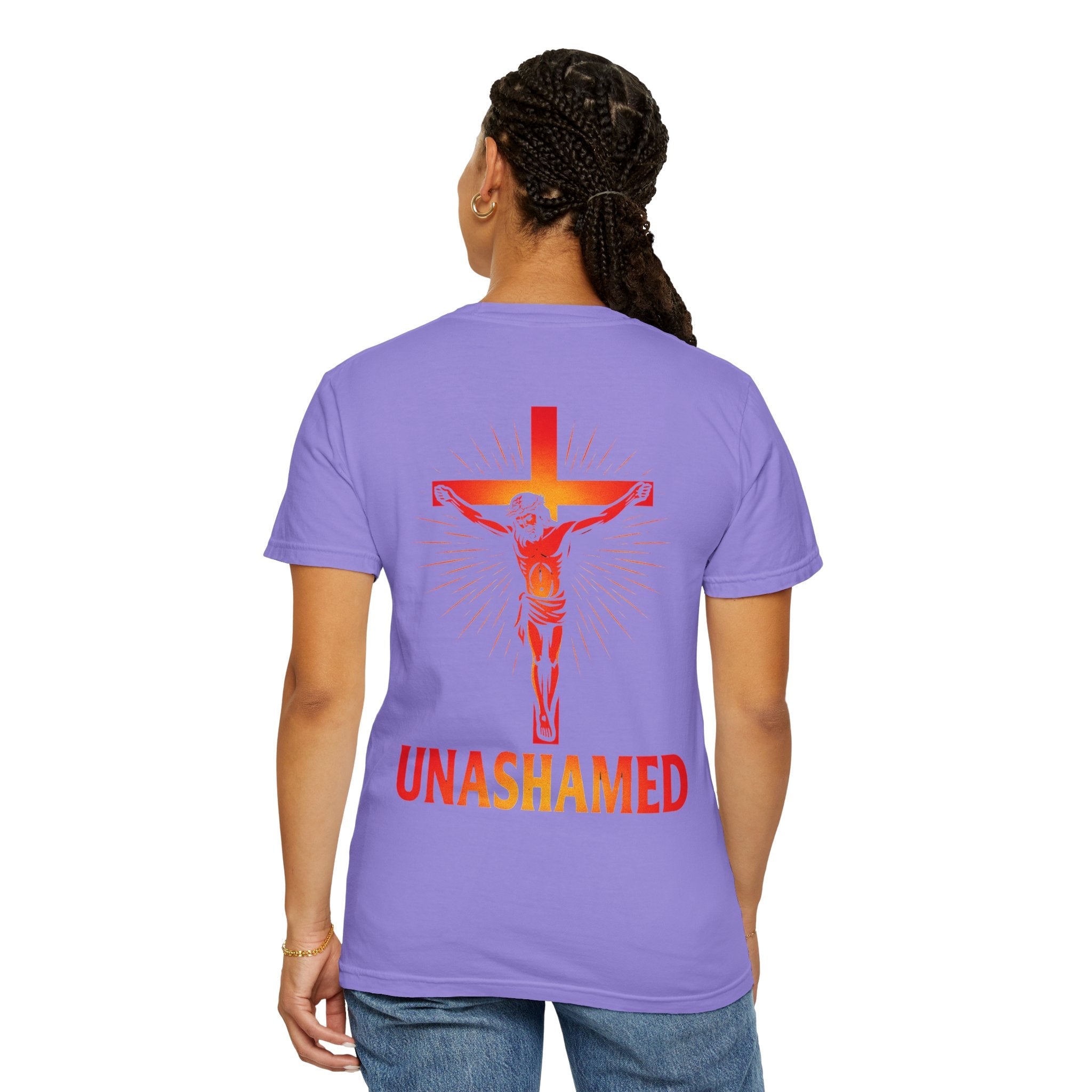 Unashamed T-shirt – Romans 1:16 Crucifixion Christian t-shirt for Bold Unwavering Faith Red Printify