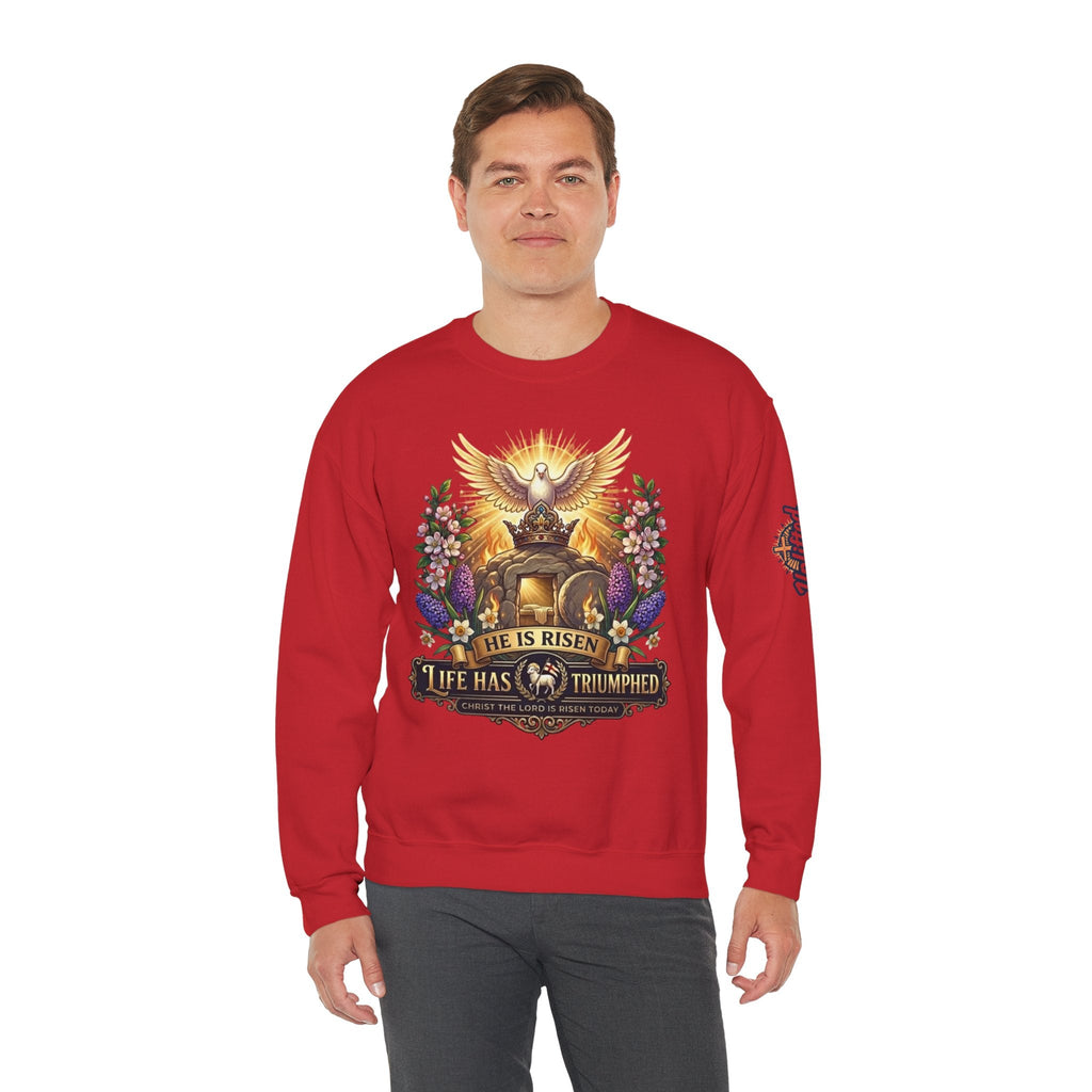 He Is Risen "Life Has Triumphed" Sweatshirt — Easter Resurrection Christian Sweatshirt Printify