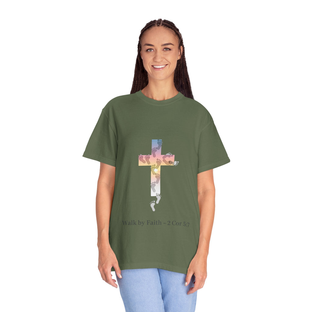 Walk by Faith T-Shirt – Cross & Footprints Christian Tee for Bold Believers Printify
