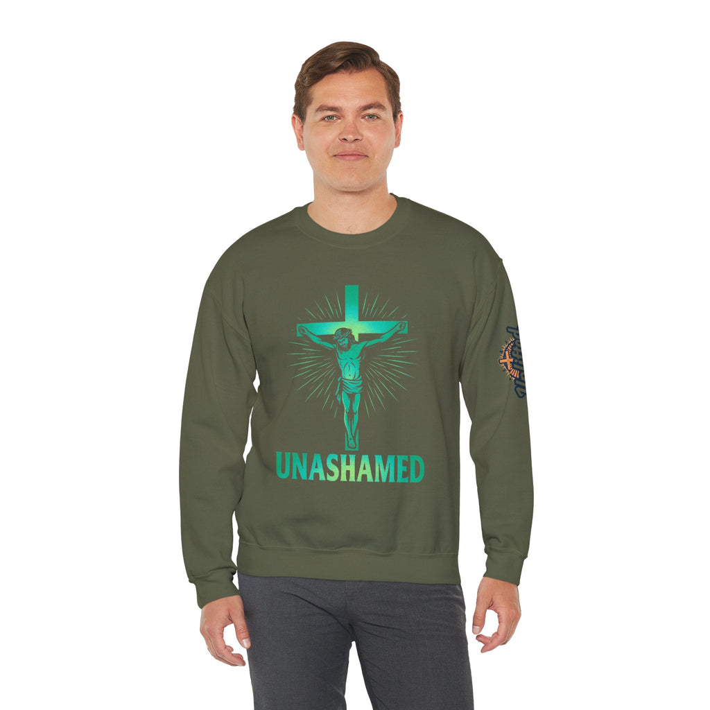 Unashamed Sweatshirt – Romans 1:16 Crucifixion Christian Sweatshirt for Bold Unwavering Faith Printify
