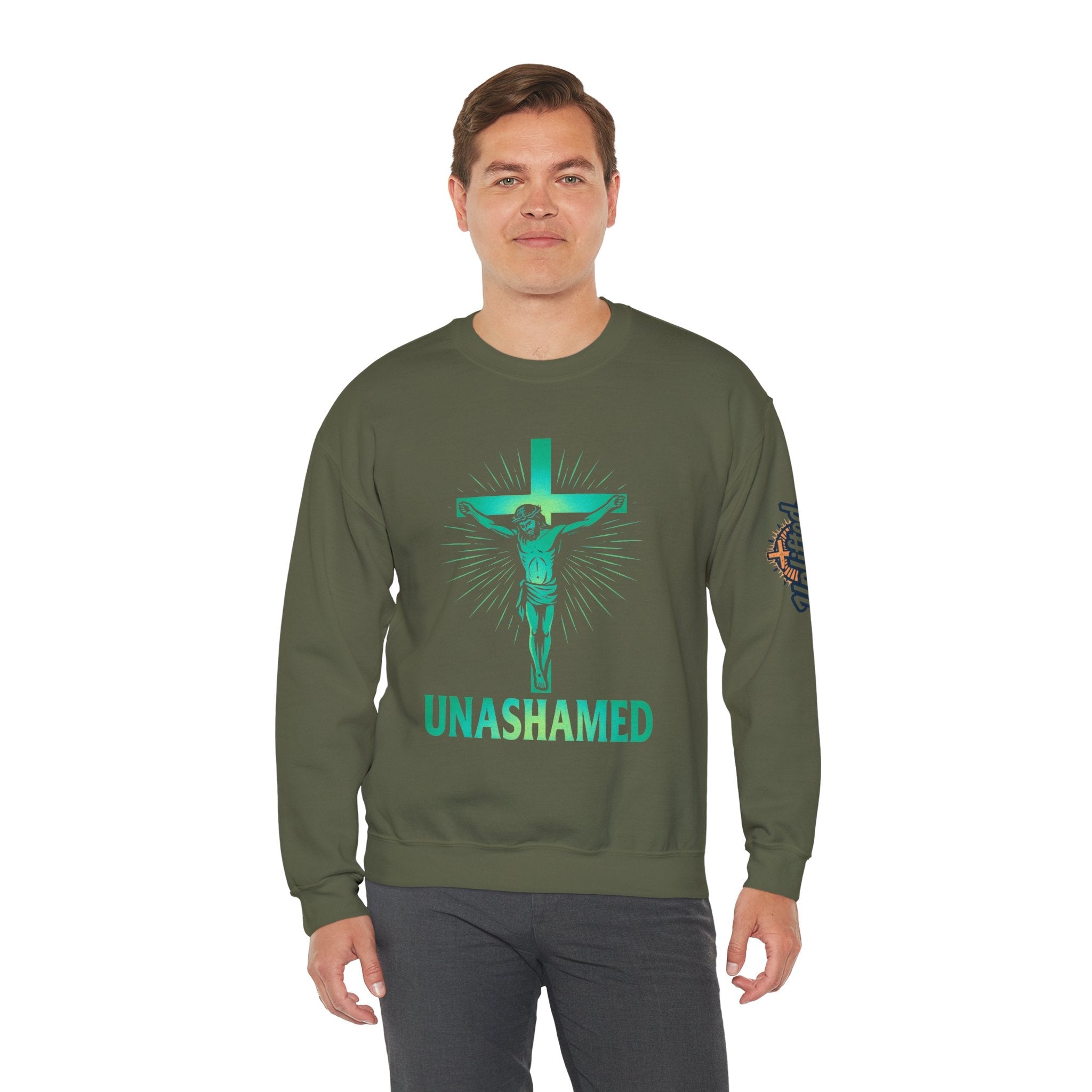 Unashamed Sweatshirt – Romans 1:16 Crucifixion Christian Sweatshirt for Bold Unwavering Faith Printify
