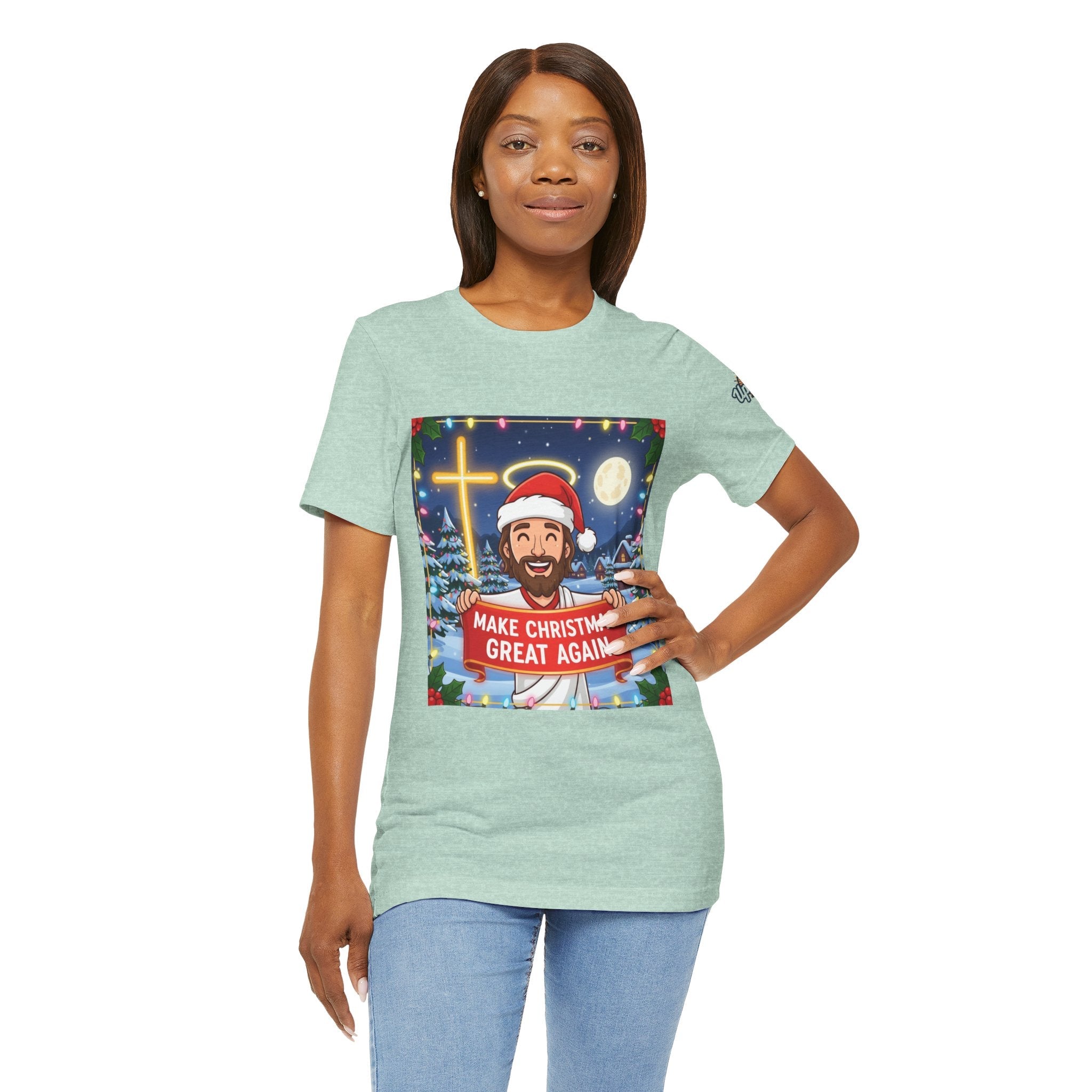🎄 Make Christmas Great Again – Funny Christian T-Shirt | Jesus Holding Banner | Faith-Based Holiday Parody Tee | Uplifted Gear Printify