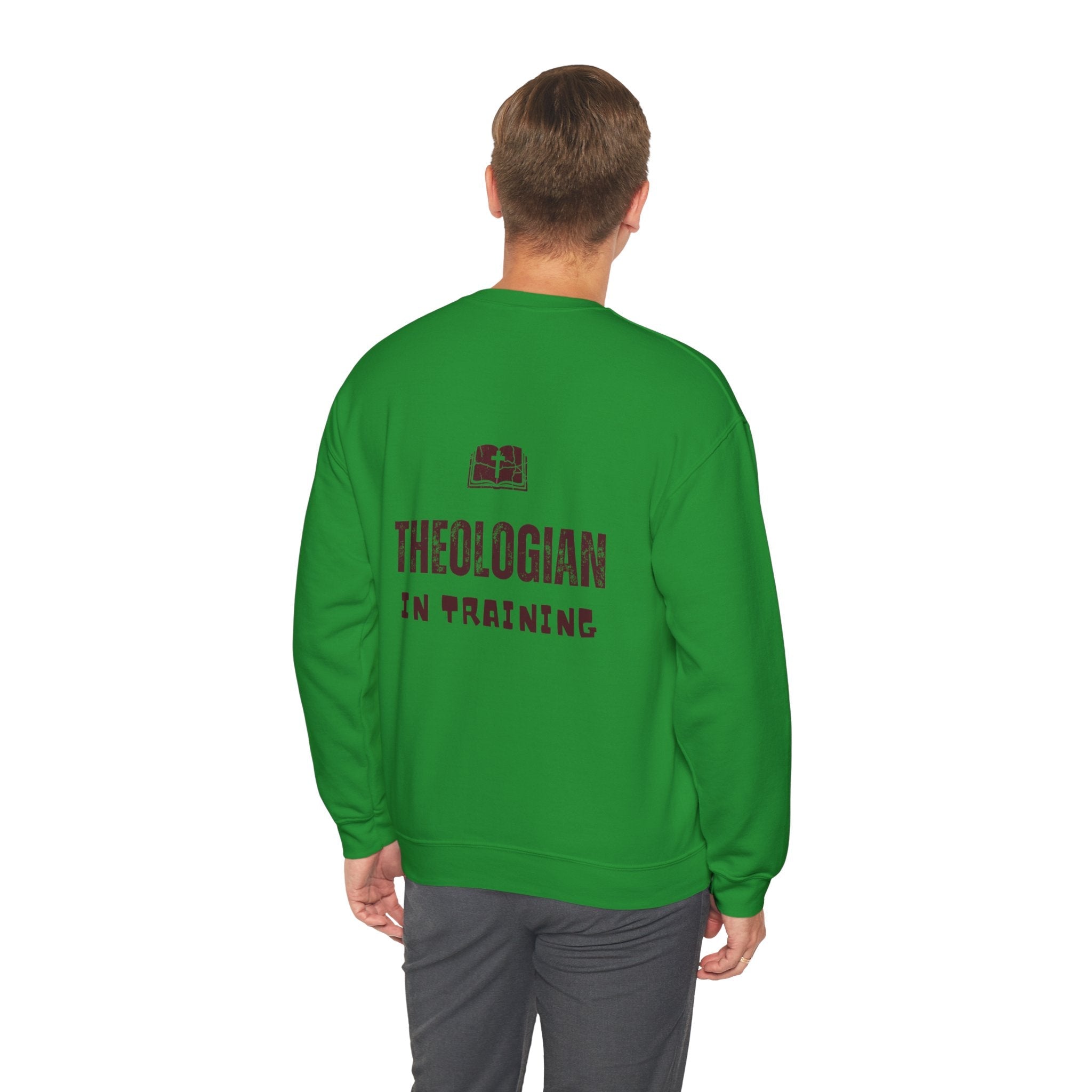 Theologian in Training Sweatshirt – Open Bible & Cross Christian Sweatshirt for Faithful Growth Printify