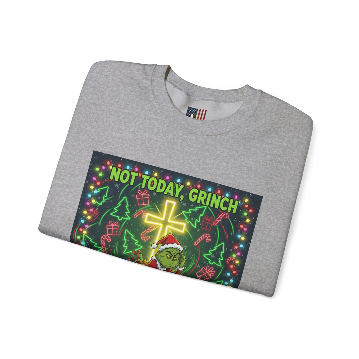 🎄 Not Today, Grinch – Jesus Saves | Funny Christian Christmas Sweatshirt | Festive Green & Red Cartoon Style | Bold Faith Holiday Tee by Uplifted Gear Printify