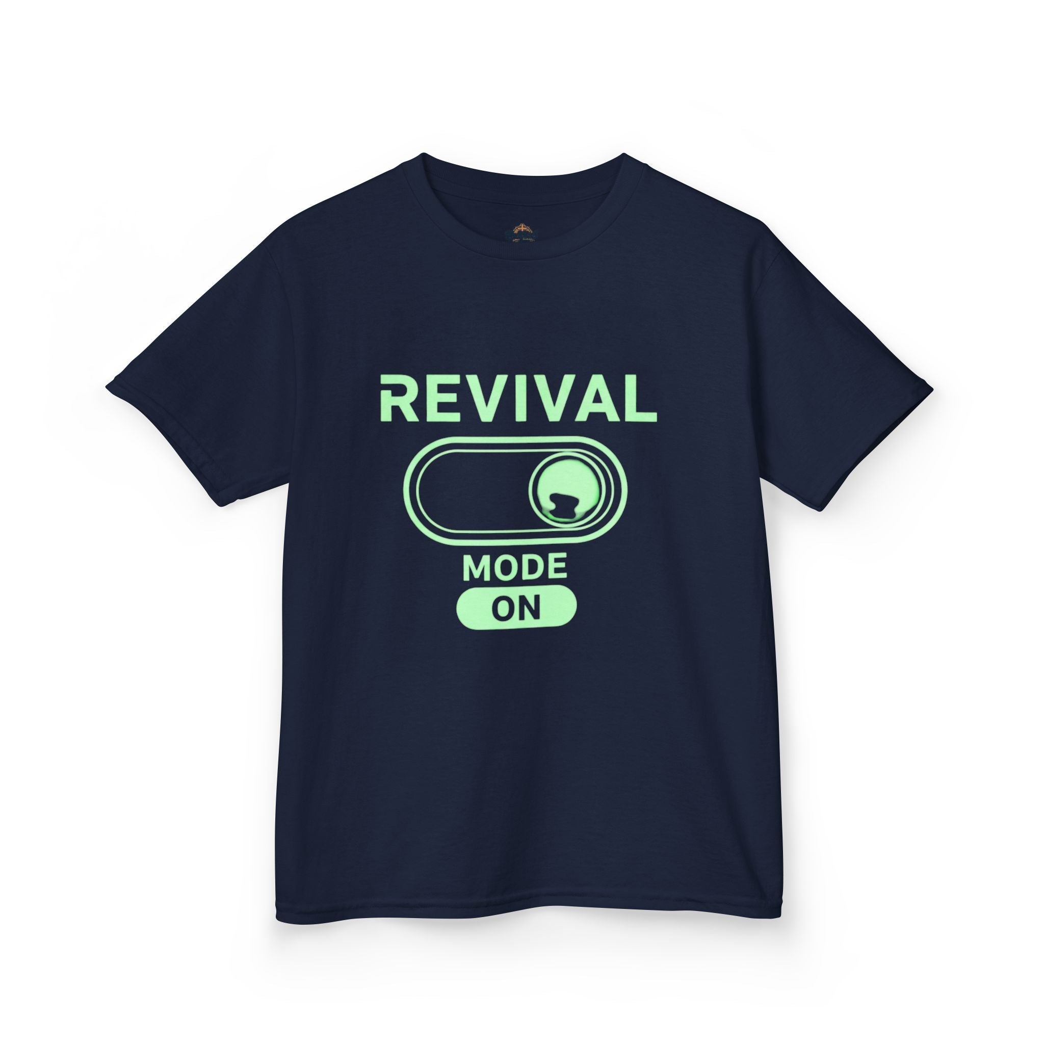 🔥 Revival Mode: ON – Christian Techwear Kids T-Shirt | Glowing Green Faith Switch | Futuristic Jesus Shirt | Activate Your Spiritual Awakening | Uplifted Gear Printify