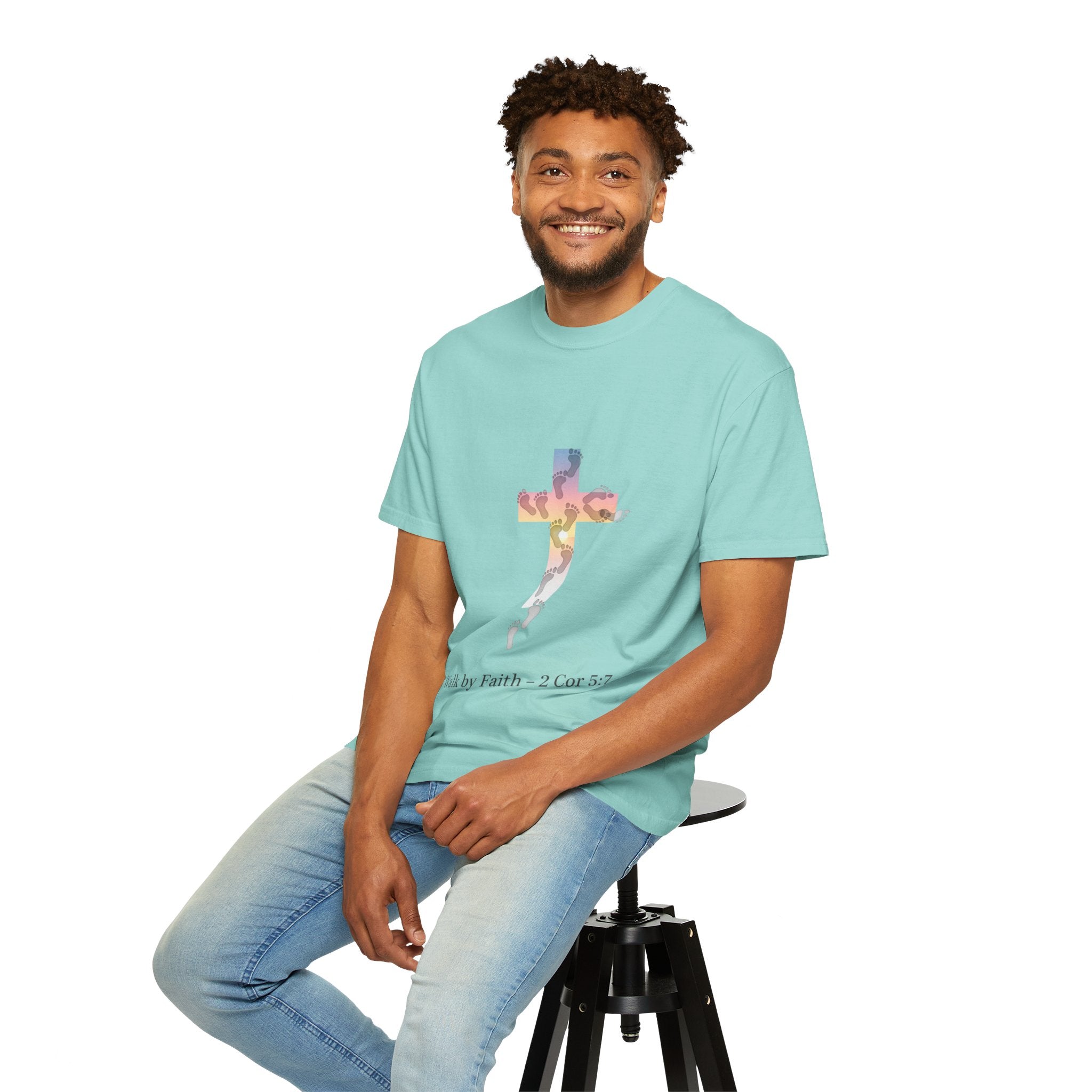 Walk by Faith T-Shirt – Cross & Footprints Christian Tee for Bold Believers Printify