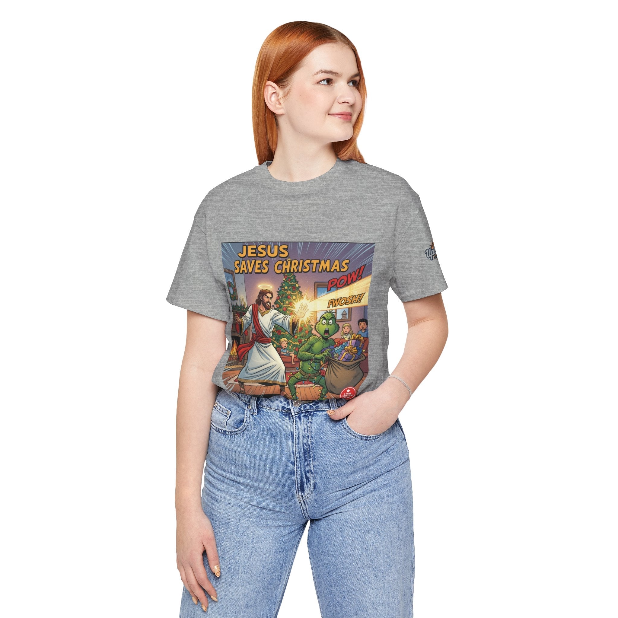 Jesus Saves Christmas T-shirt – Grinch vs Savior Light Battle Christian T-shirt for Hilarious Holiday Faith & True Joy Printify
