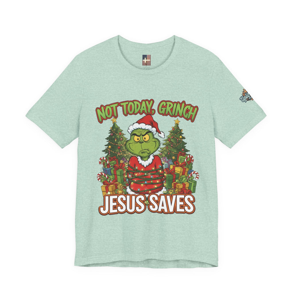 🎄 Not Today, Grinch – Jesus Saves | Funny Christian Christmas T-Shirt | Sulking Grinch & Glowing Cross | Bold Neon Faith Tee by Uplifted Gear Printify