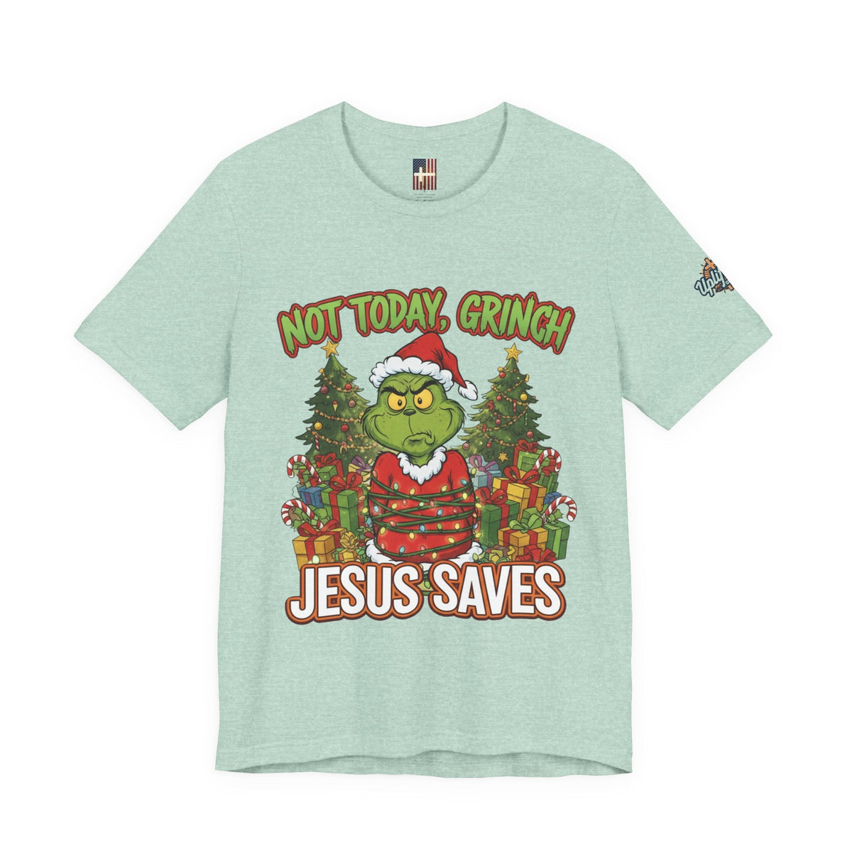 🎄 Not Today, Grinch – Jesus Saves | Funny Christian Christmas T-Shirt | Sulking Grinch & Glowing Cross | Bold Neon Faith Tee by Uplifted Gear Printify