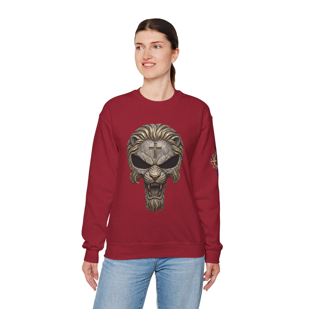 Lion of Judah Skull Christian Sweatshirt - Warrior Faith Cross Sweatshirt Printify