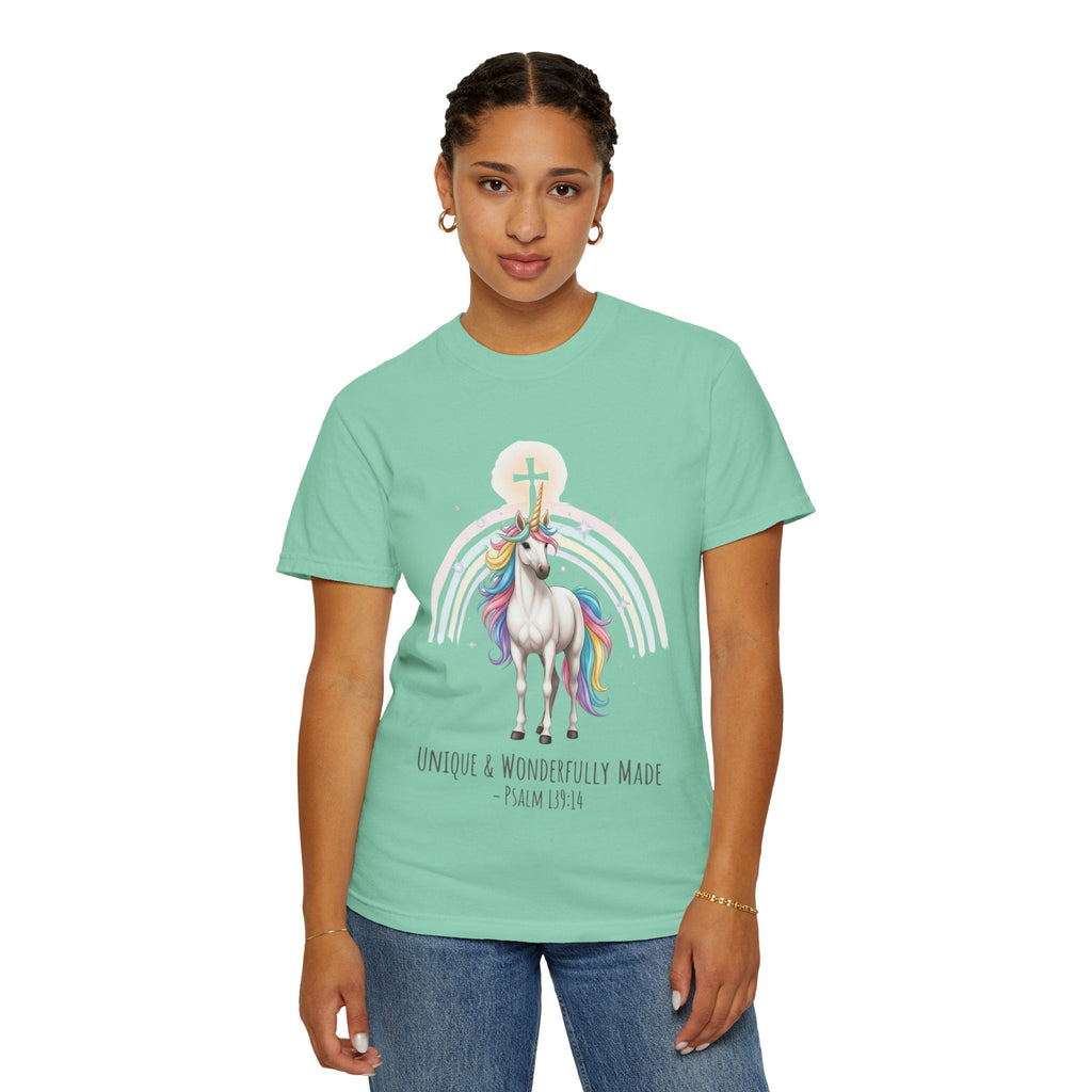 Unique Unicorn Christian T-Shirt – Wonderfully Made with Rainbow Cross & Psalm 139:14 Printify