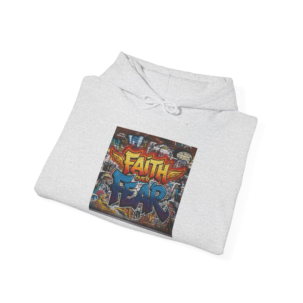 Faith Over Fear Hoodie – Graffiti Wall Christian Sweatshirt for Bold 2 Corinthians 5:7 Streetwear & Unshakable Faith Printify