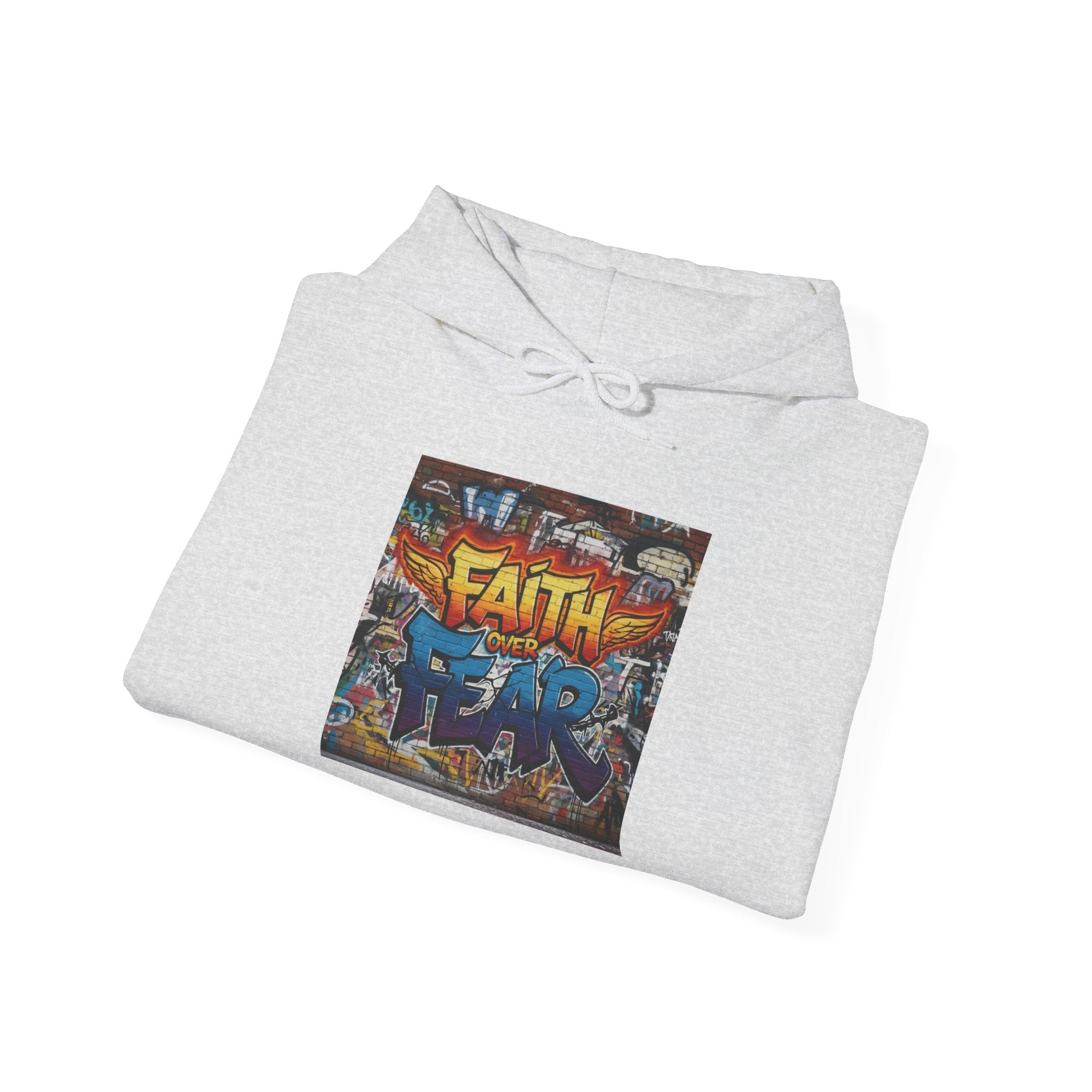 Faith Over Fear Hoodie – Graffiti Wall Christian Sweatshirt for Bold 2 Corinthians 5:7 Streetwear & Unshakable Faith Printify