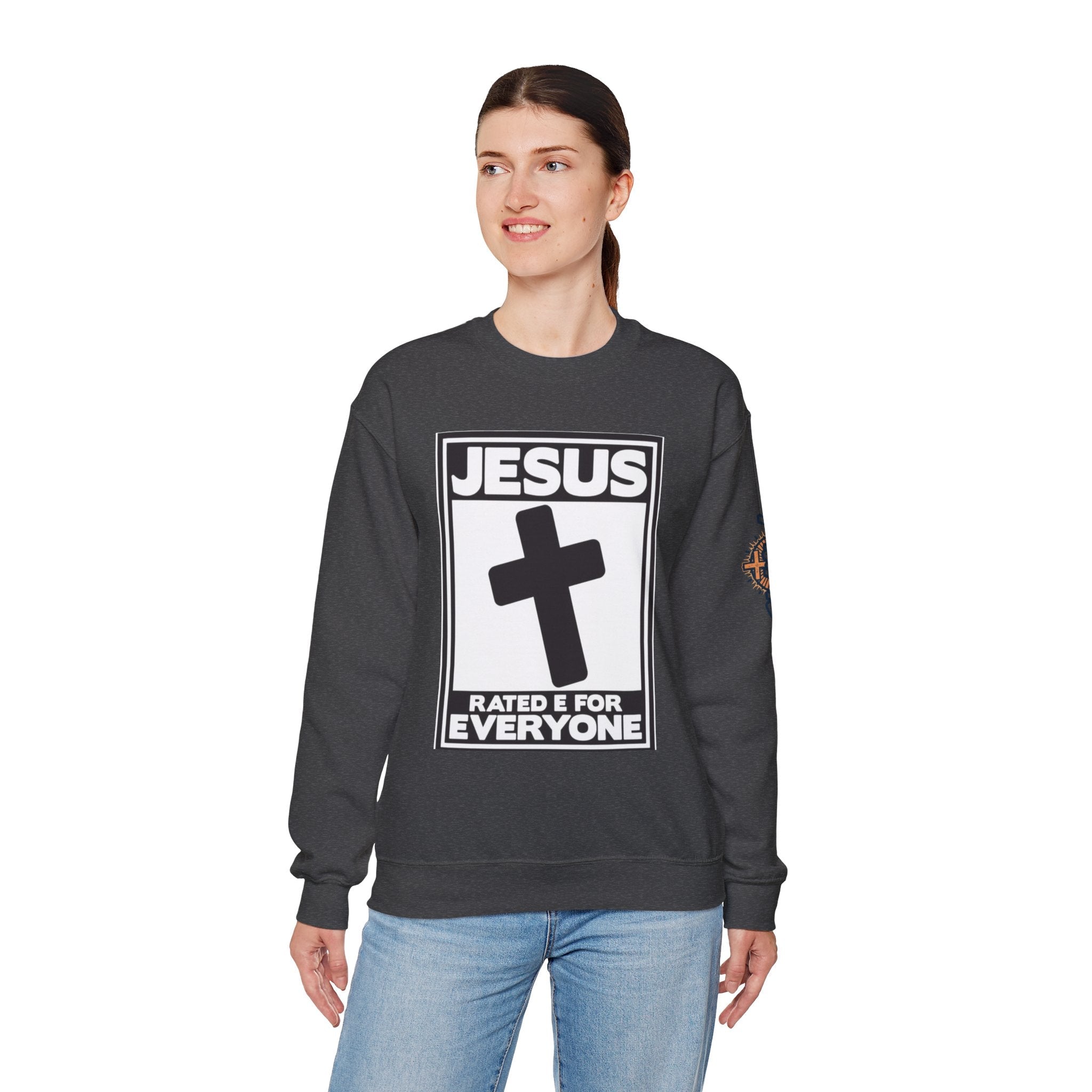 Jesus, Rated E for Everyone Sweatshirt - Gamer Faith Sweatshirt - Christian Video Game Parody Printify