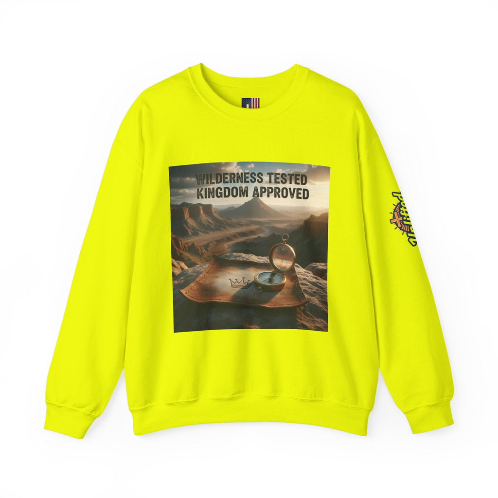 Wilderness Tested Kingdom Approved Sweatshirt – Mountain Desert Compass Crown Christian Sweatshirt for Biblical Adventure Faith Printify