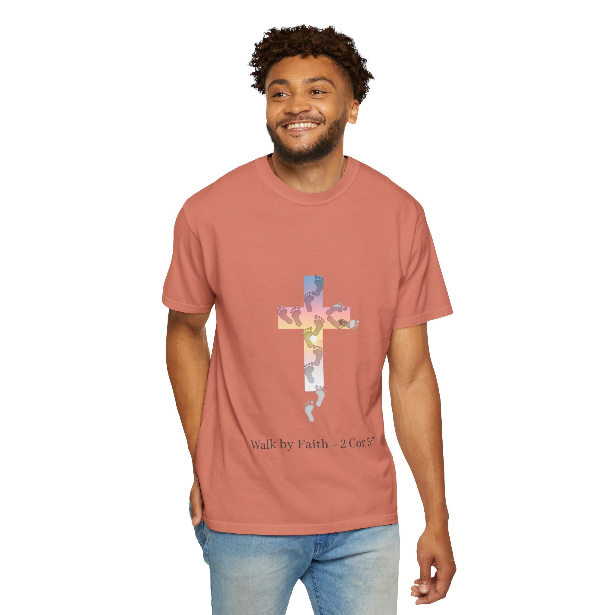 Walk by Faith T-Shirt – Cross & Footprints Christian Tee for Bold Believers Printify