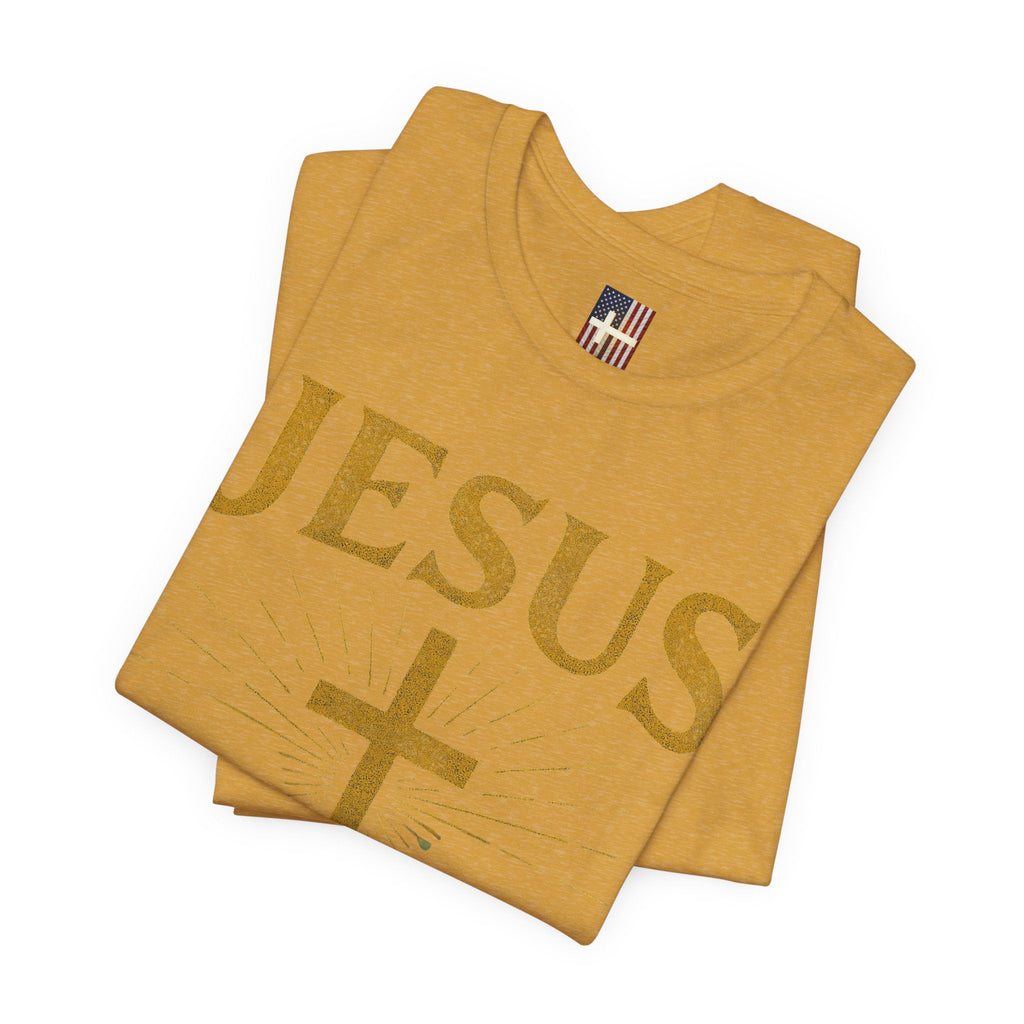 Jesus Saves T-shirt – Radiant Cross & Rays of Light Christian T-shirt for Eternal Hope & Faith Printify