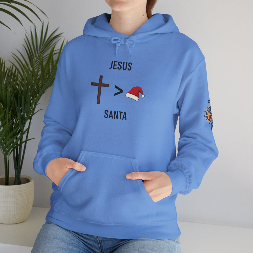 🎄 Jesus > Santa – Minimalist Christian Christmas Hoodie | Bold Faith Over Holiday Tee | Cross vs Santa Hat Design | Uplifted Gear Printify