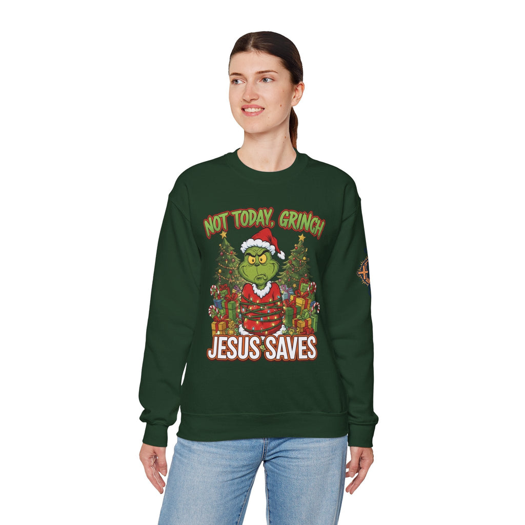 🎄 Not Today, Grinch – Jesus Saves | Funny Christian Christmas Sweatshirt | Sulking Grinch & Glowing Cross | Bold Neon Faith Tee by Uplifted Gear Printify