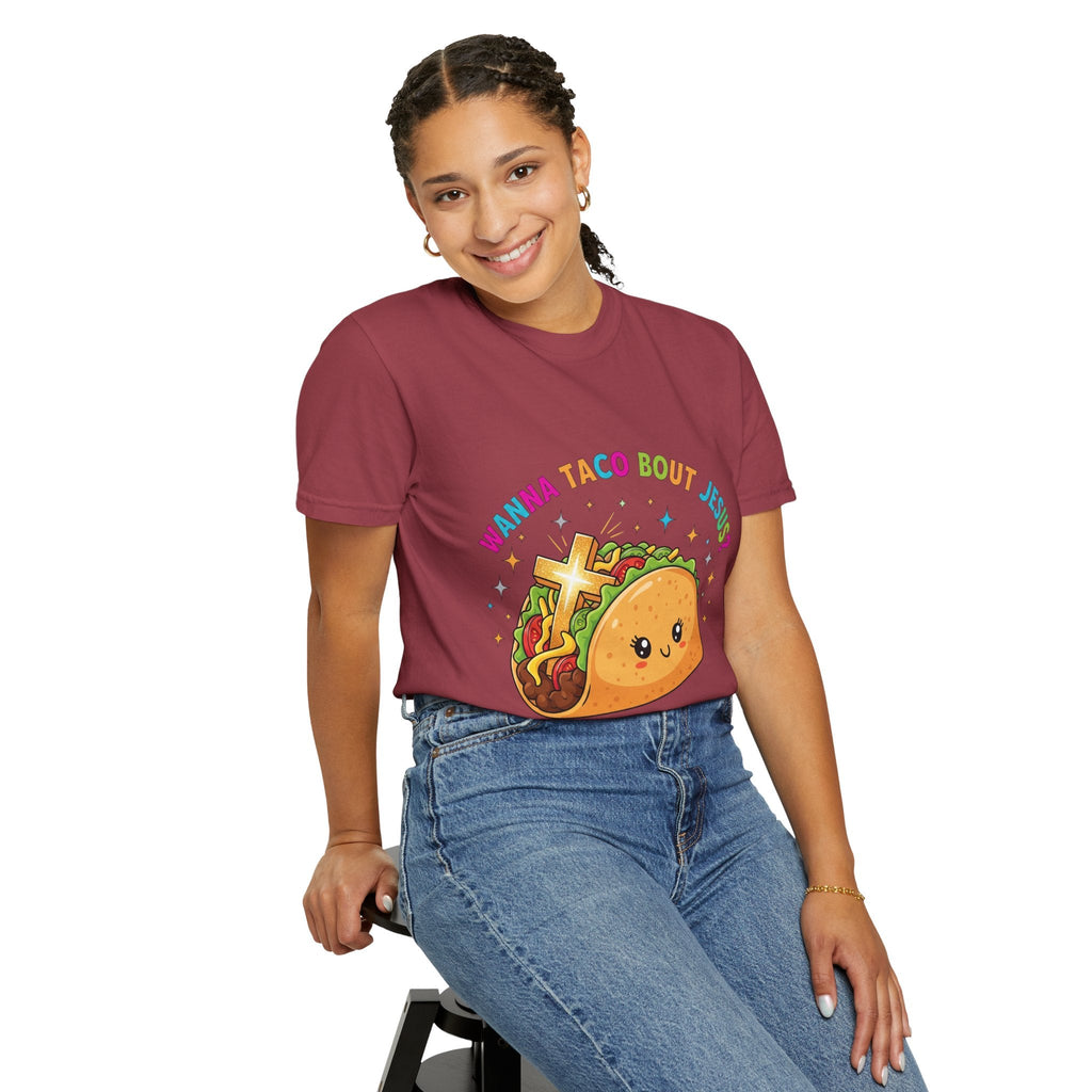 Wanna Taco 'Bout Jesus? Funny Christian Pun T-Shirt – Lettuce Pray & Share Faith! Printify