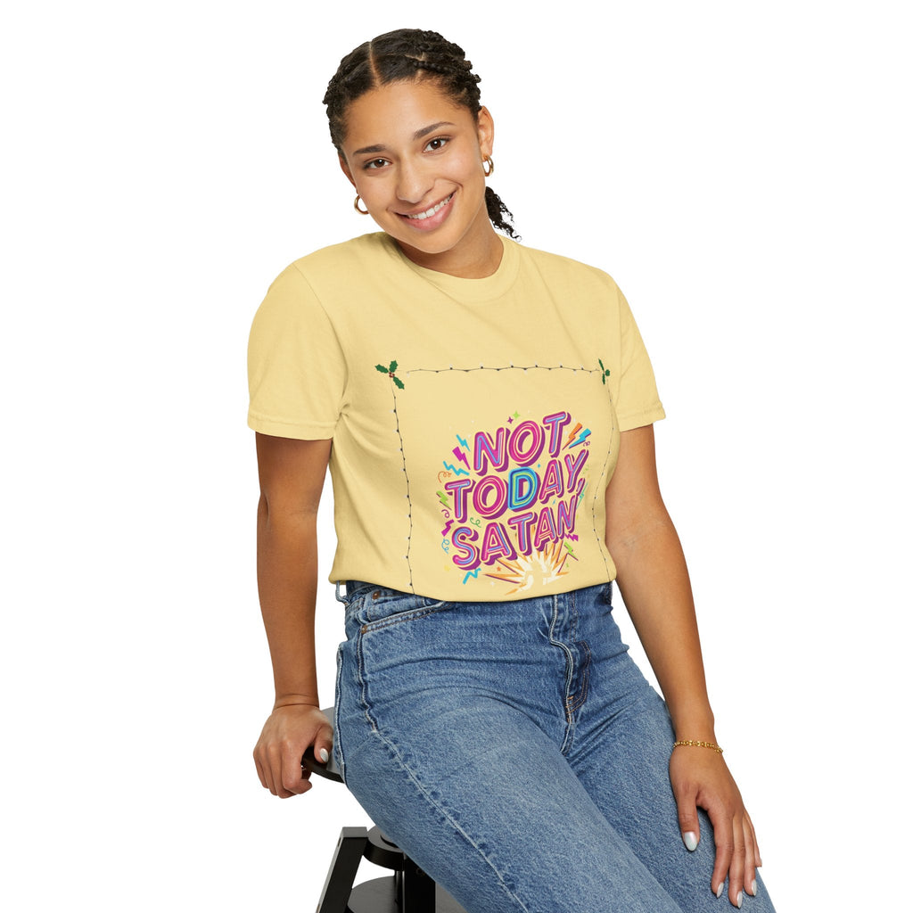 🔥 Not Today, Satan – Retro 90s Christian T-Shirt | Neon Faith Tee | Funky Cartoon Devil | Bold Bible Verse Shirt | Uplifted Gear Printify
