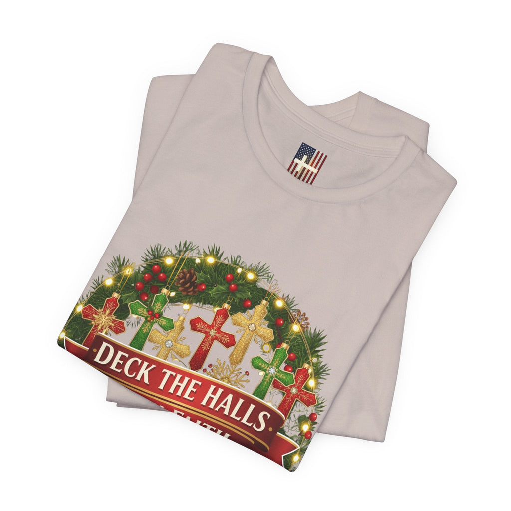 🎄 Deck the Halls with Faith – Christian Christmas T-Shirt | Cross Ornament Design & Festive Garland | Bold Holiday Faith Tee by Uplifted Gear Printify