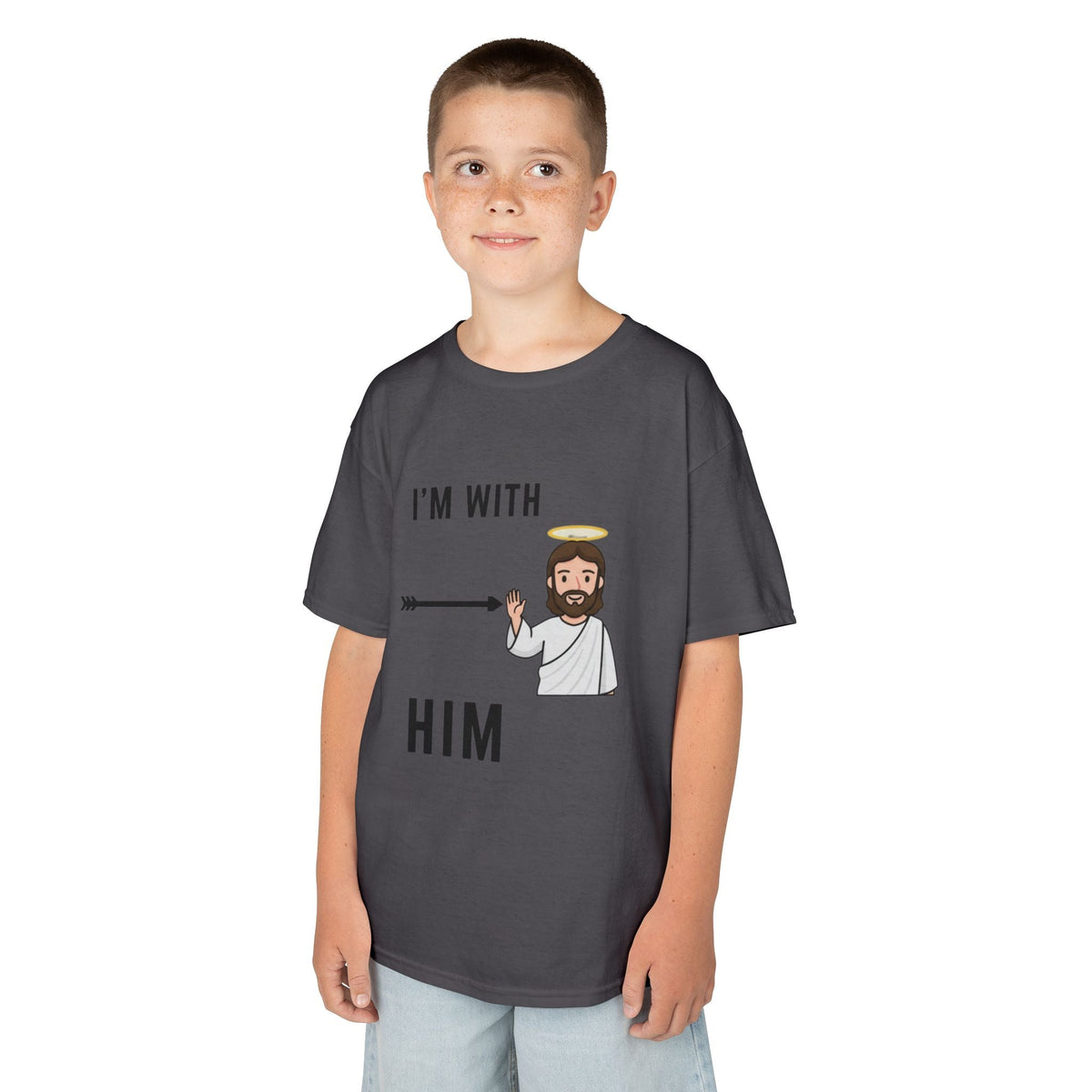 🔥 I’m With Him → Christian Kids T-Shirt | Arrow Pointing to Jesus | Minimalist Faith Tee | Subtle Cross Design | Bible-Inspired Apparel by Uplifted Gear Printify
