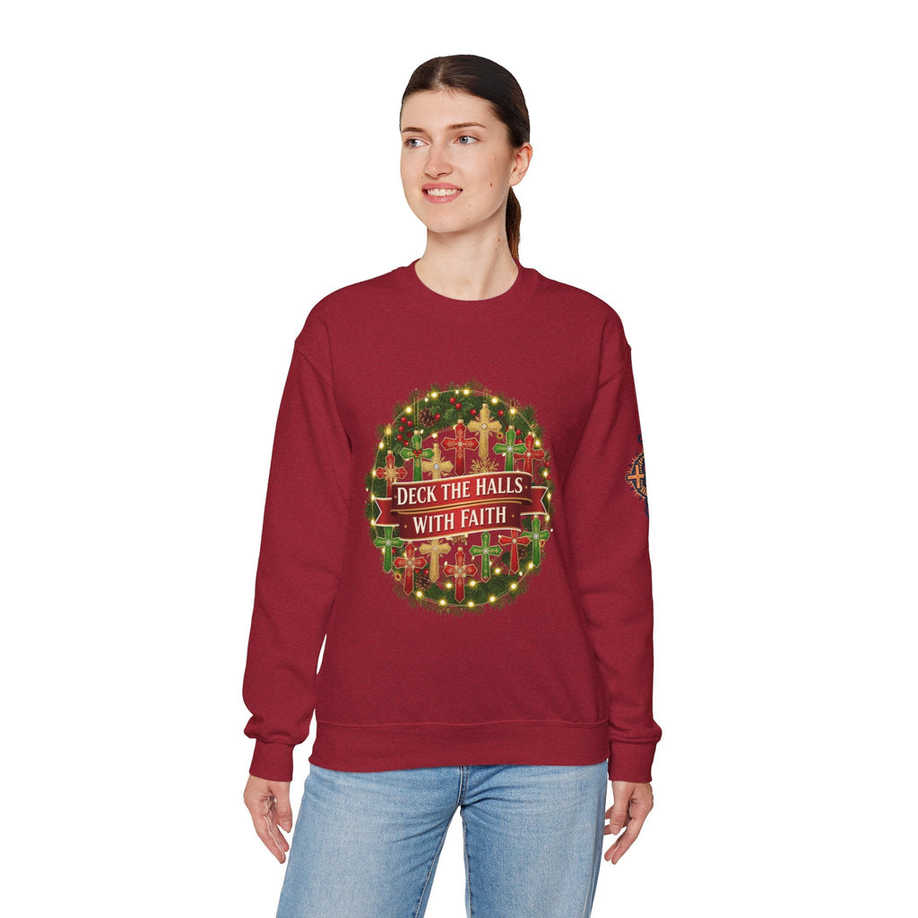 🎄 Deck the Halls with Faith – Christian Christmas Sweatshirt | Cross Ornament Design & Festive Garland | Bold Holiday Faith Tee by Uplifted Gear Printify