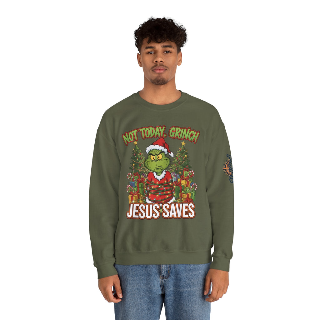 🎄 Not Today, Grinch – Jesus Saves | Funny Christian Christmas Sweatshirt | Sulking Grinch & Glowing Cross | Bold Neon Faith Tee by Uplifted Gear Printify