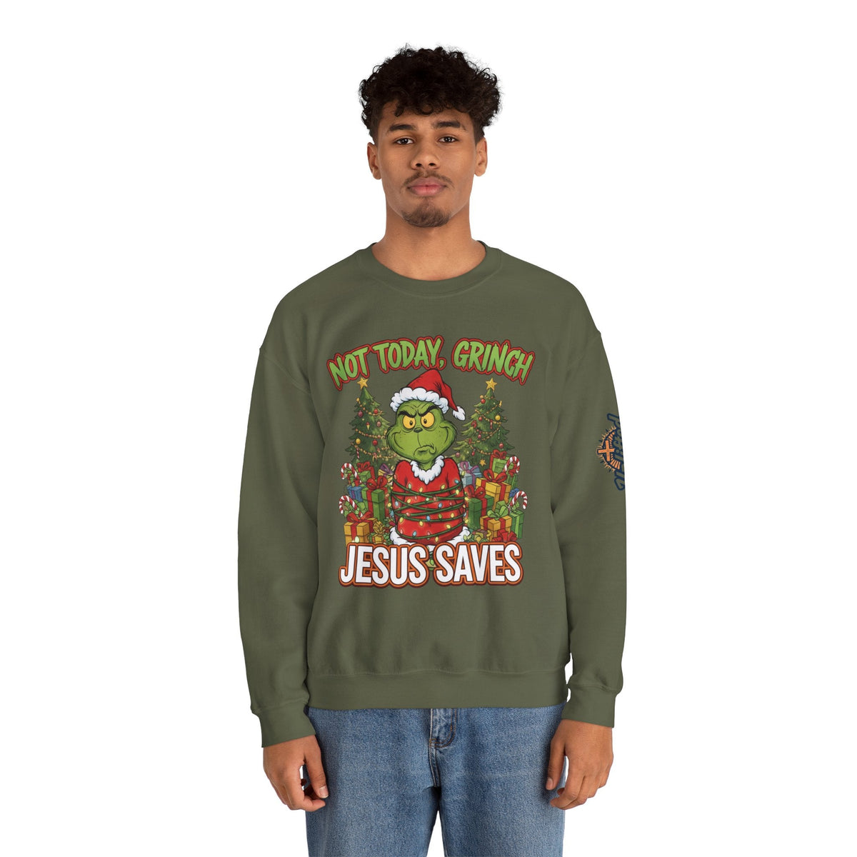 🎄 Not Today, Grinch – Jesus Saves | Funny Christian Christmas Sweatshirt | Sulking Grinch & Glowing Cross | Bold Neon Faith Tee by Uplifted Gear Printify