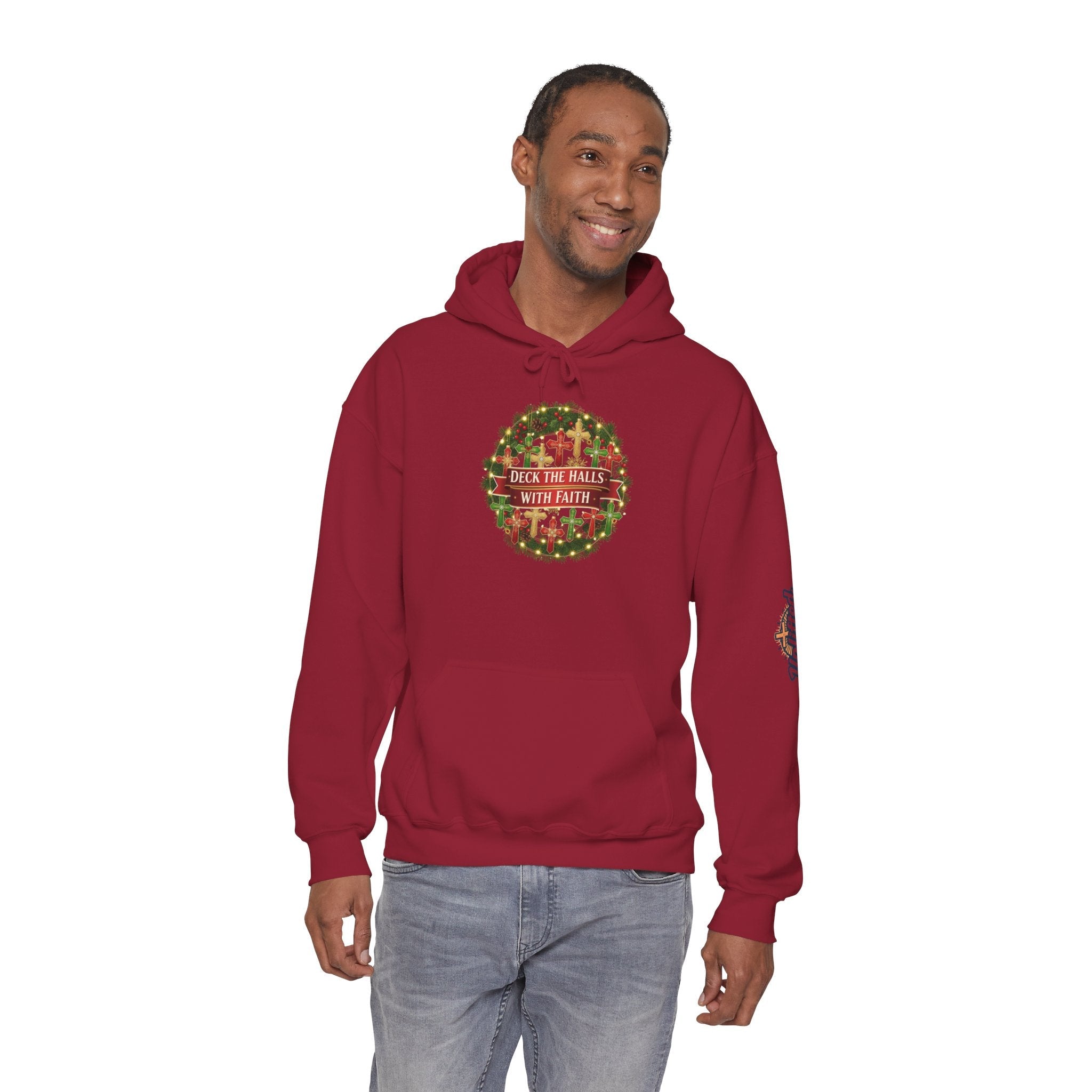 🎄 Deck the Halls with Faith – Christian Christmas Hoodie | Cross Ornament Design & Festive Garland | Bold Holiday Faith Tee by Uplifted Gear Printify