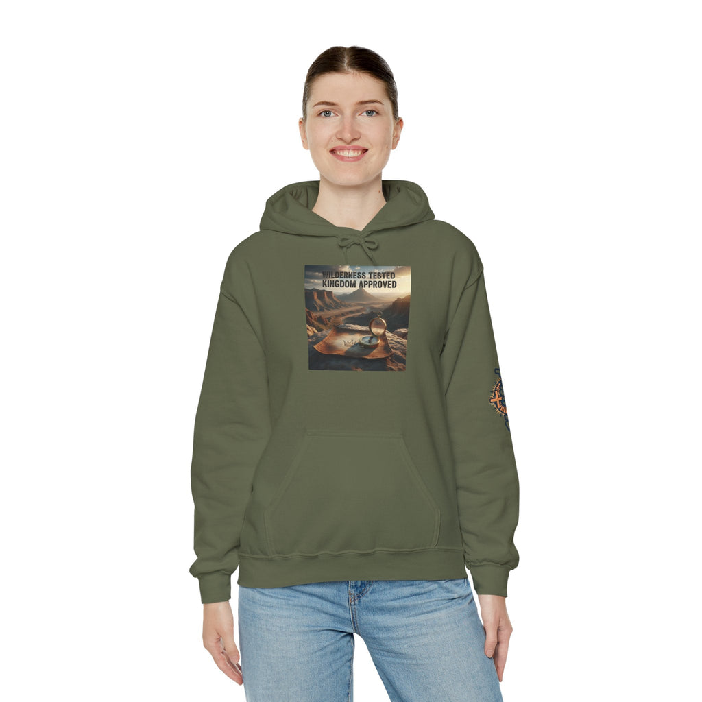 Wilderness Tested Kingdom Approved Hoodie – Mountain Desert Compass Crown Christian Sweatshirt for Biblical Adventure Faith Printify