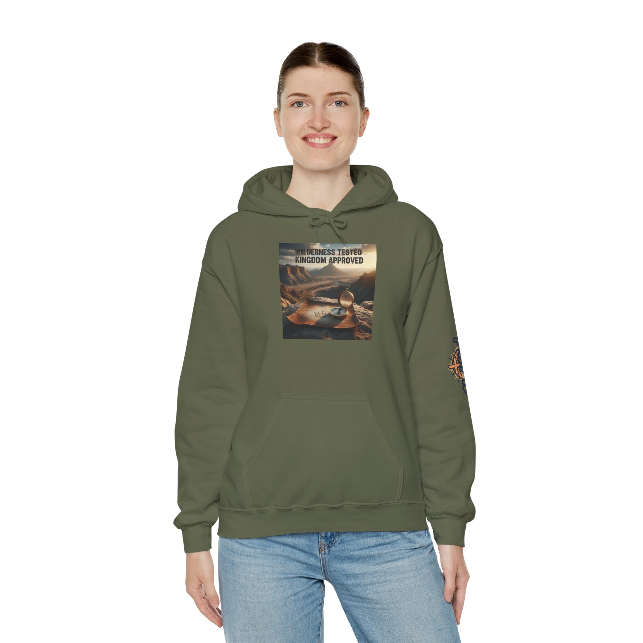 Wilderness Tested Kingdom Approved Hoodie – Mountain Desert Compass Crown Christian Sweatshirt for Biblical Adventure Faith Printify