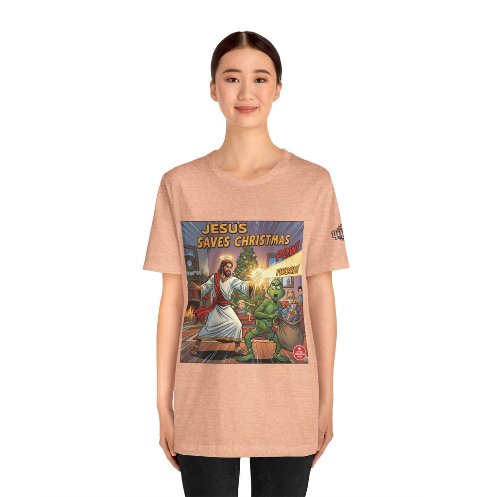 Jesus Saves Christmas T-shirt – Grinch vs Savior Light Battle Christian T-shirt for Hilarious Holiday Faith & True Joy Printify