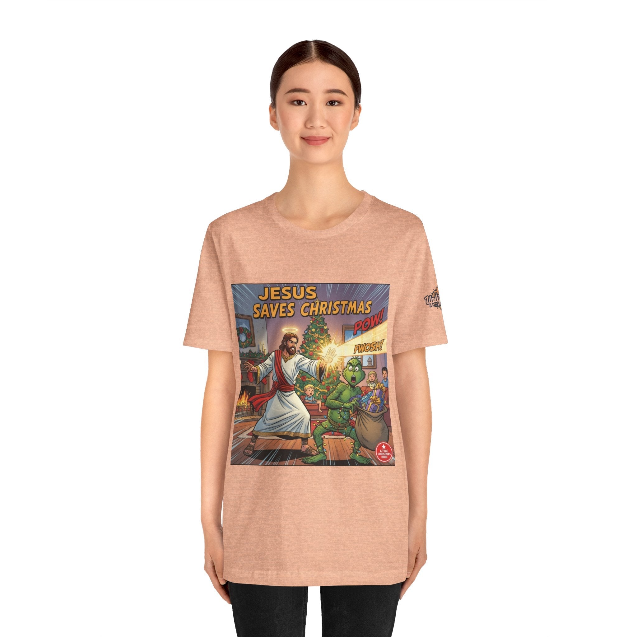 Jesus Saves Christmas T-shirt – Grinch vs Savior Light Battle Christian T-shirt for Hilarious Holiday Faith & True Joy Printify
