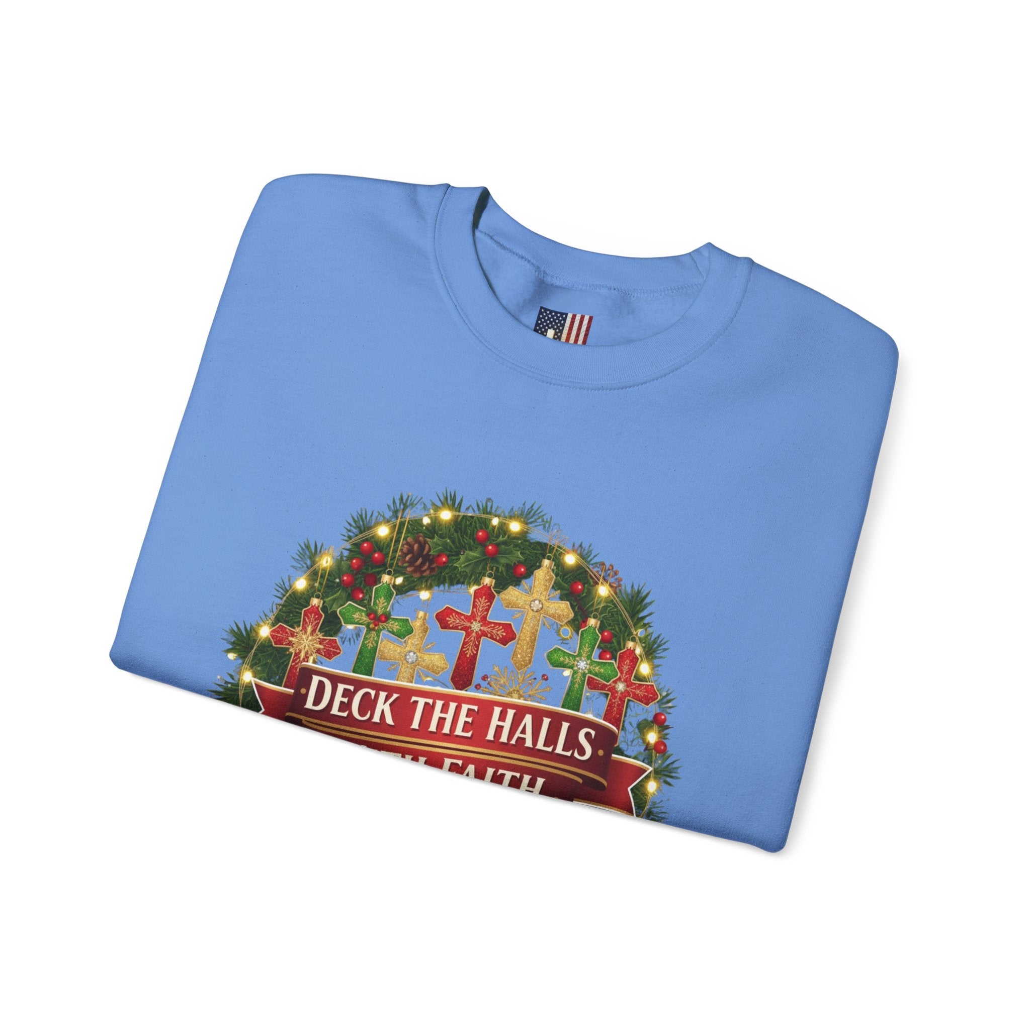 🎄 Deck the Halls with Faith – Christian Christmas Sweatshirt | Cross Ornament Design & Festive Garland | Bold Holiday Faith Tee by Uplifted Gear Printify