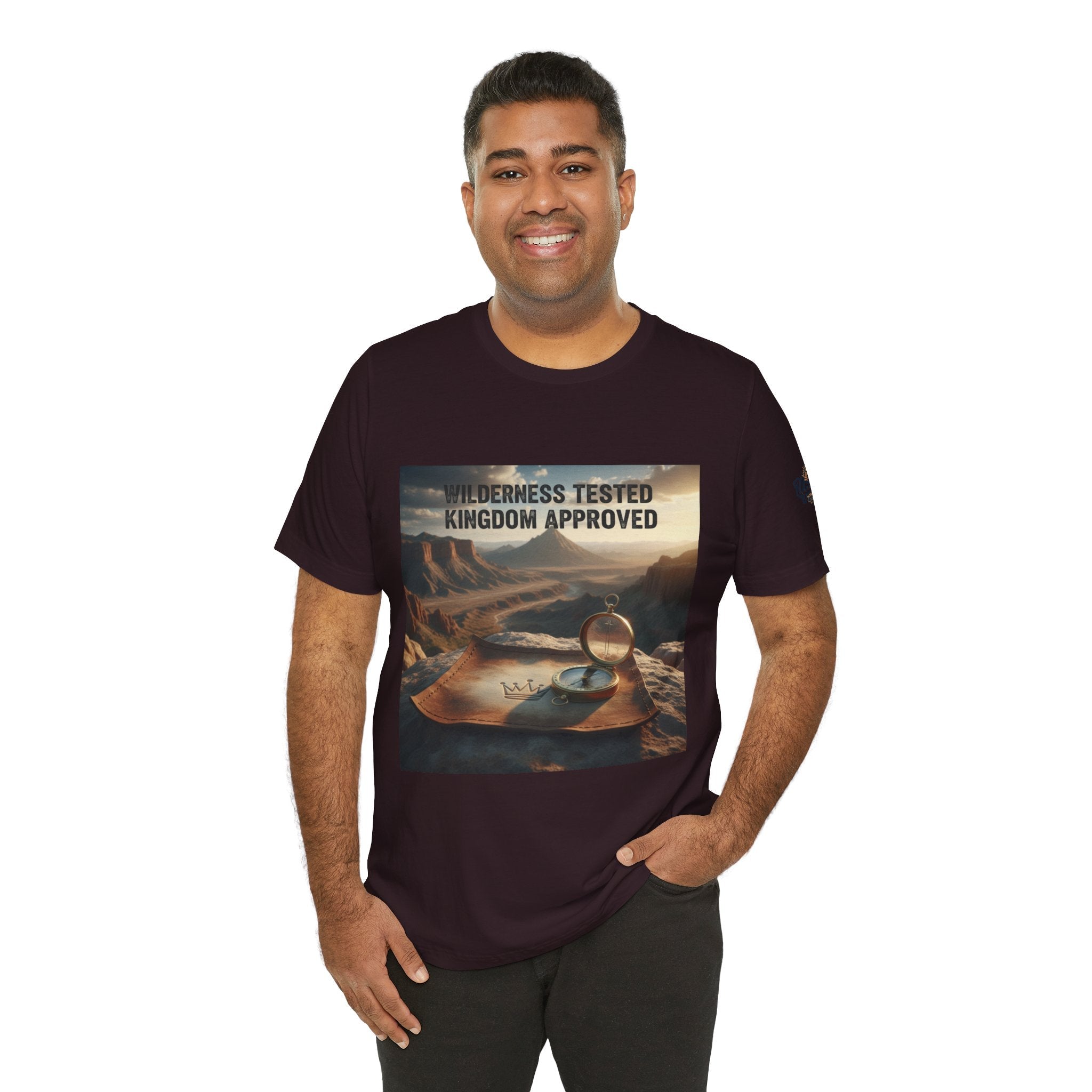 Wilderness Tested Kingdom Approved T-shirt – Mountain Desert Compass Crown Christian T-shirt for Biblical Adventure Faith Printify