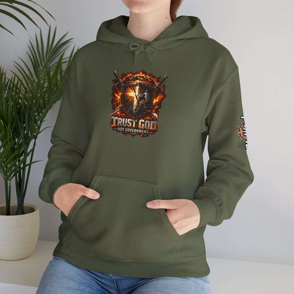 Trust God Not Government Shield Hoodie — Patriotic Christian Faith Hoodie Printify