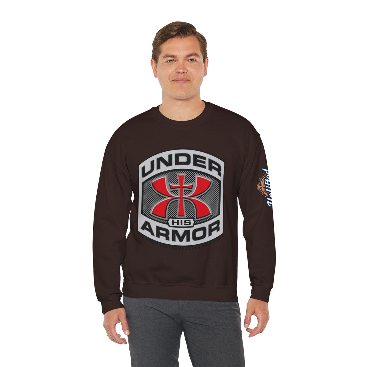 Under His Armor Crewneck Sweatshirt — Christian Faith Graphic Pullover Printify