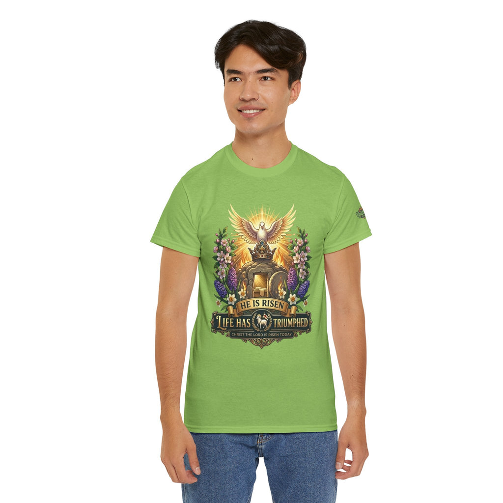 He Is Risen "Life Has Triumphed" T-Shirt — Easter Resurrection Christian Tee Printify