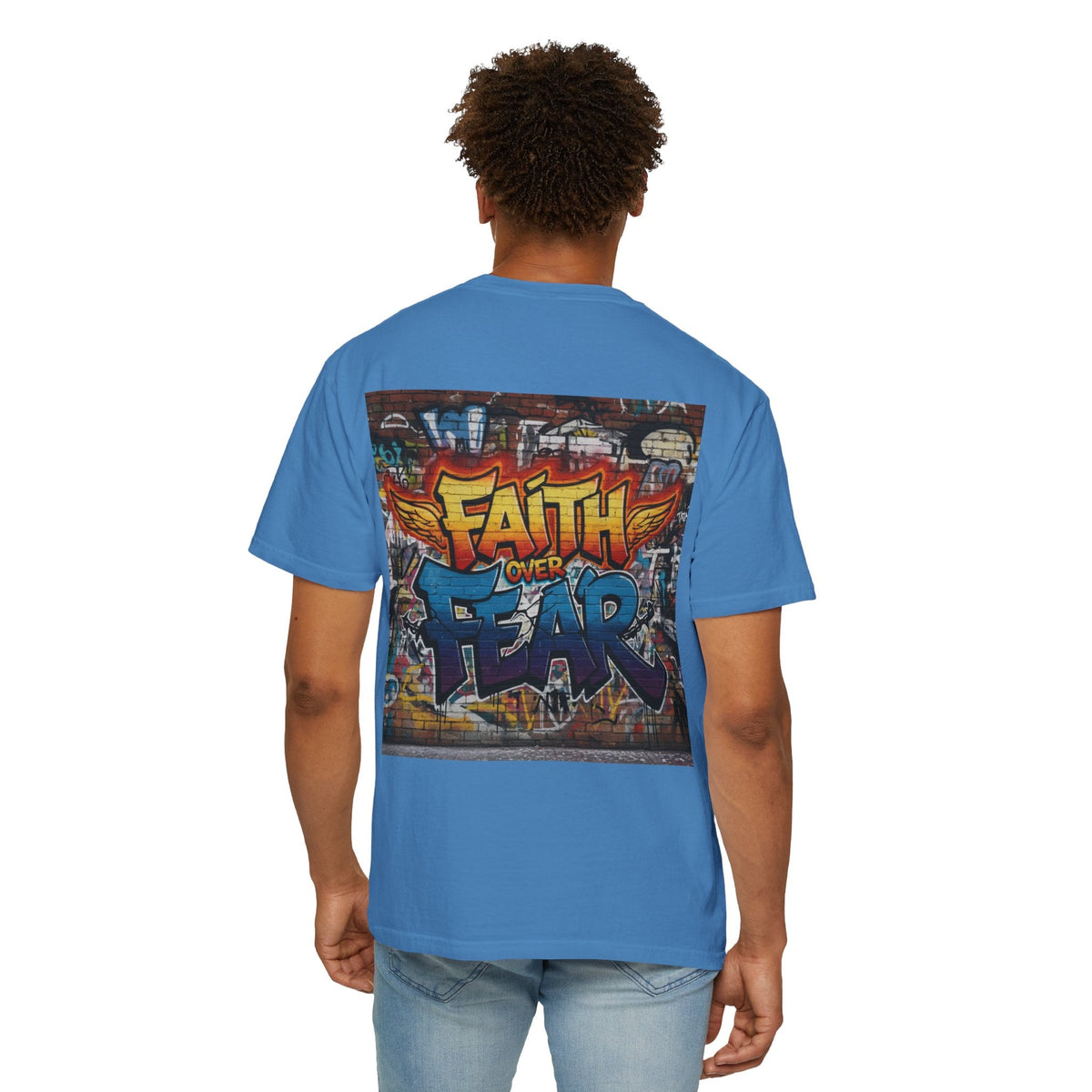 Faith Over Fear T-shirt – Graffiti Wall Christian T-shirt for Bold 2 Corinthians 5:7 Streetwear & Unshakable Faith Printify