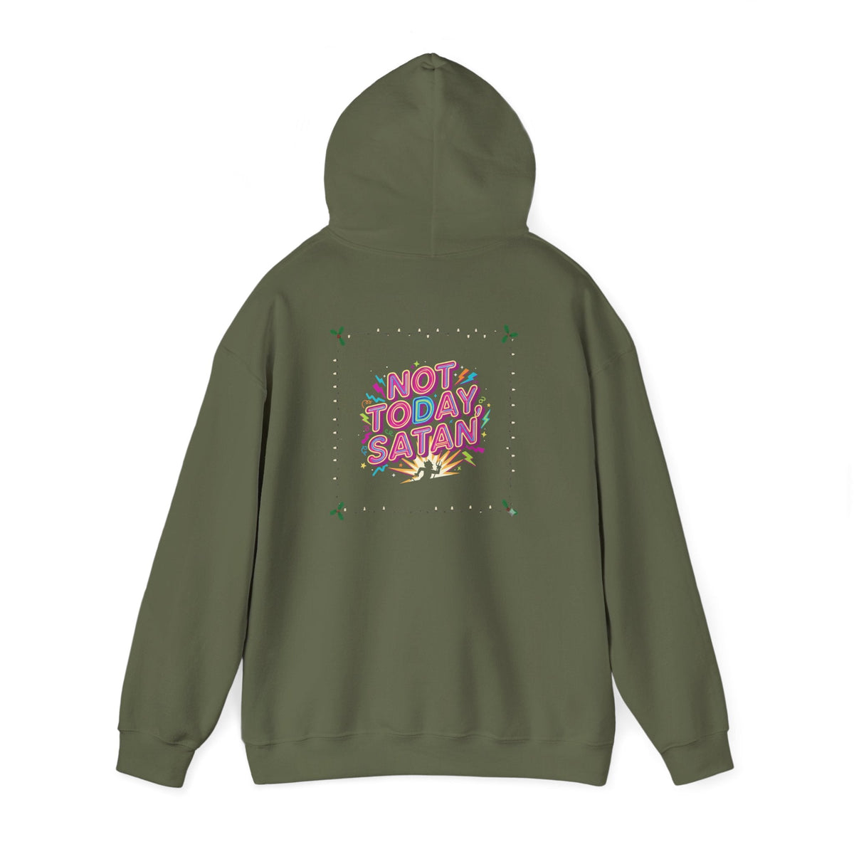 🔥 Not Today, Satan – Retro 90s Christian Hoodie | Neon Faith Tee | Funky Cartoon Devil | Bold Bible Verse Shirt | Uplifted Gear Printify