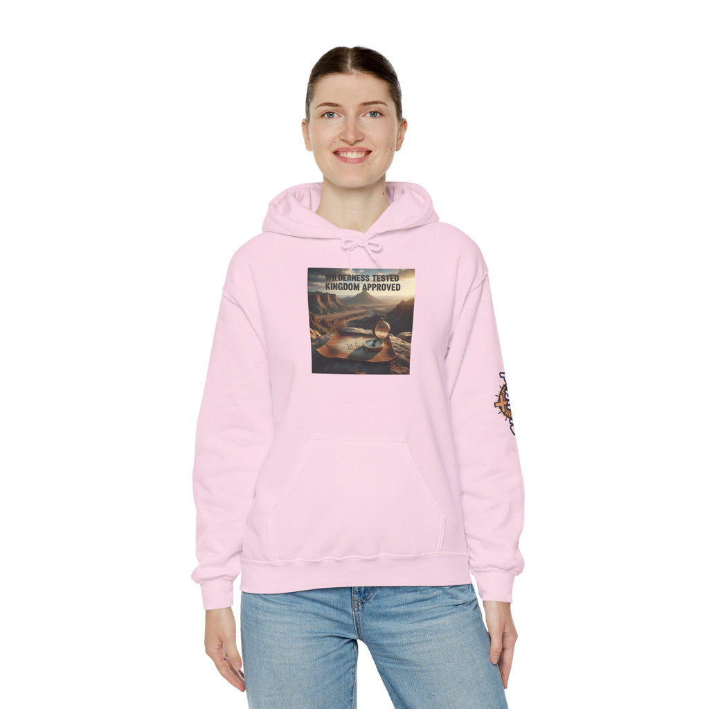 Wilderness Tested Kingdom Approved Hoodie – Mountain Desert Compass Crown Christian Sweatshirt for Biblical Adventure Faith Printify