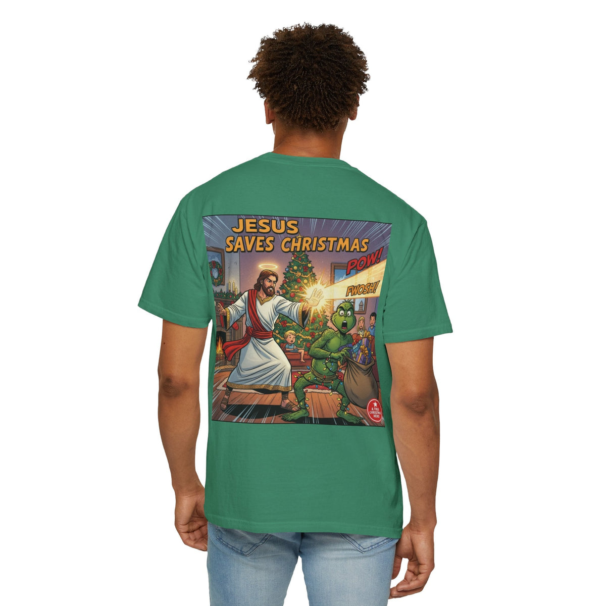 Jesus Saves Christmas T-shirt – Grinch vs Savior Light Battle Christian T-shirt for Hilarious Holiday Faith & True Joy Printify