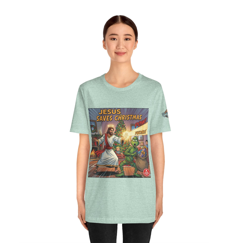 Jesus Saves Christmas T-shirt – Grinch vs Savior Light Battle Christian T-shirt for Hilarious Holiday Faith & True Joy Printify