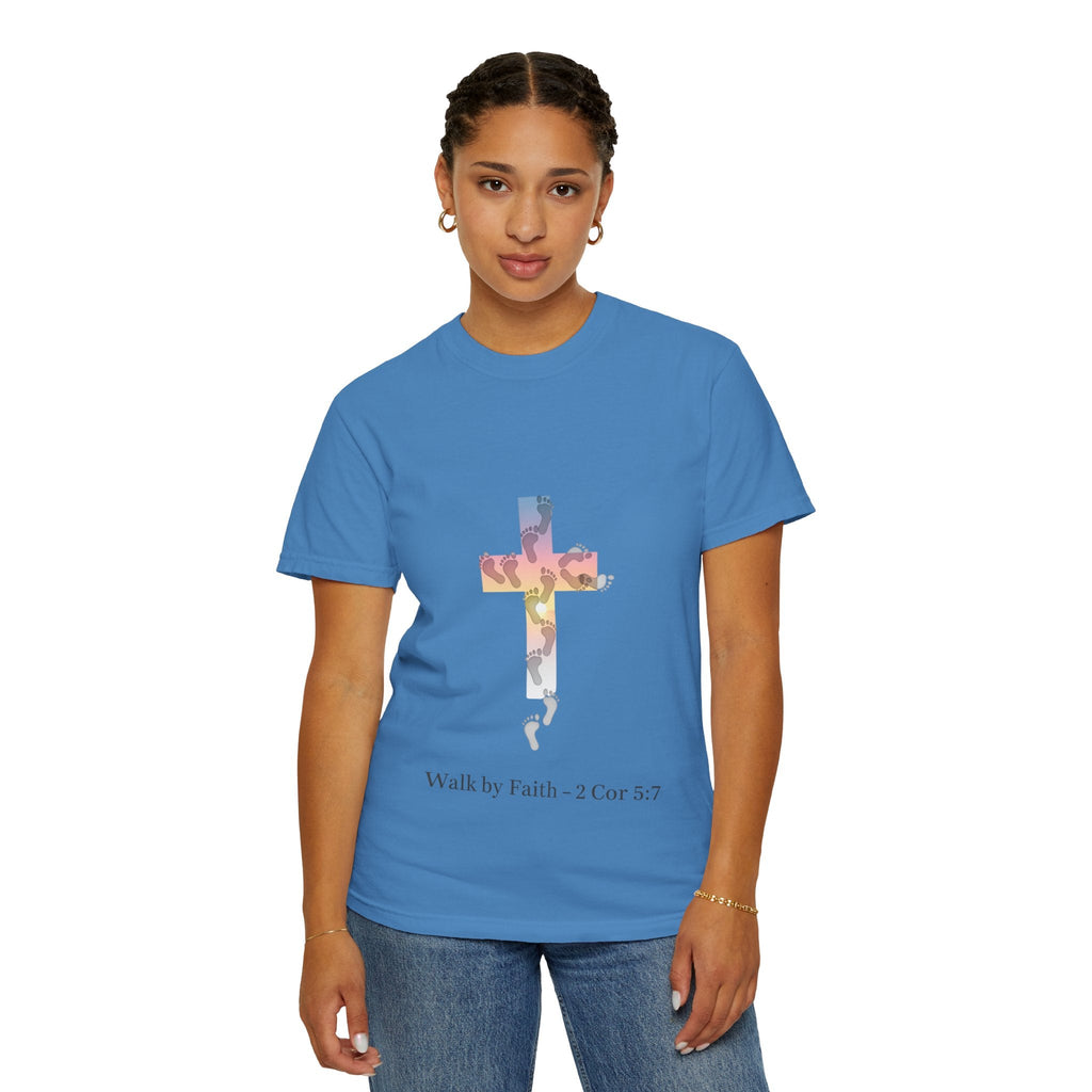 Walk by Faith T-Shirt – Cross & Footprints Christian Tee for Bold Believers Printify