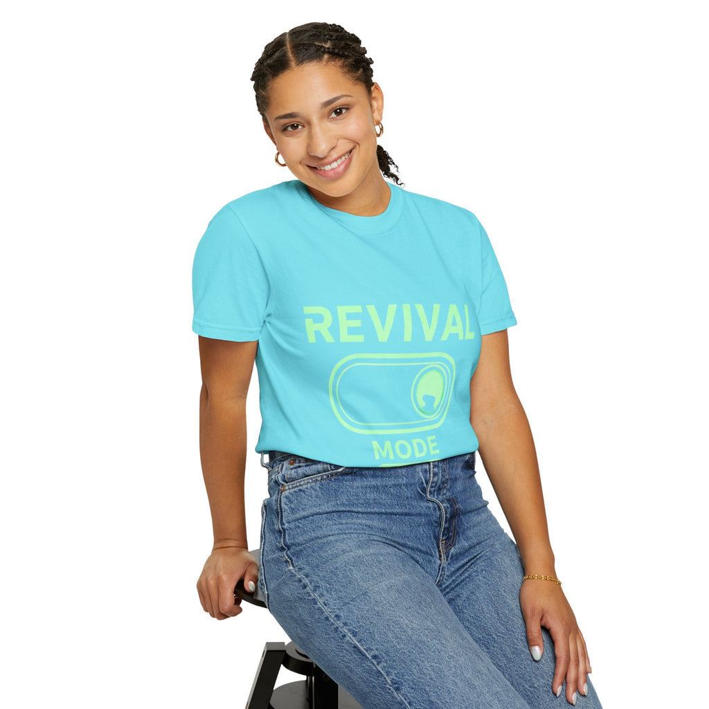 🔥 Revival Mode: ON – Christian Techwear T-Shirt | Glowing Green Faith Switch | Futuristic Jesus Shirt | Activate Your Spiritual Awakening | Uplifted Gear Printify